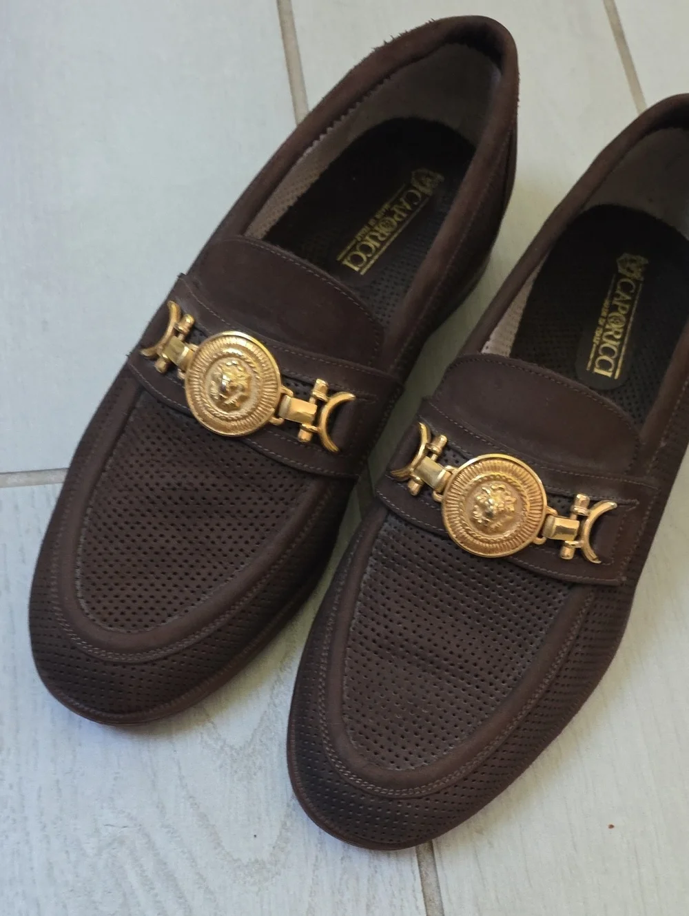 Caporicci dark brown perforated suede horsebit loafers handcrafted in Italy.